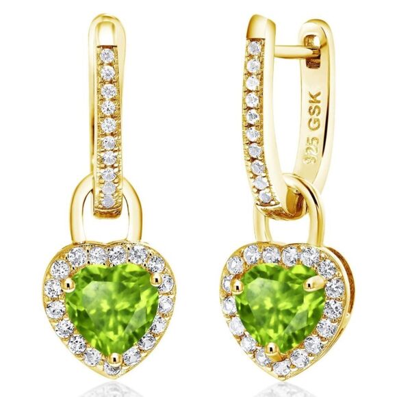 18K Yellow Gold 925 with 2.03Cttw Peridot and White Sapphire Heart Earrings